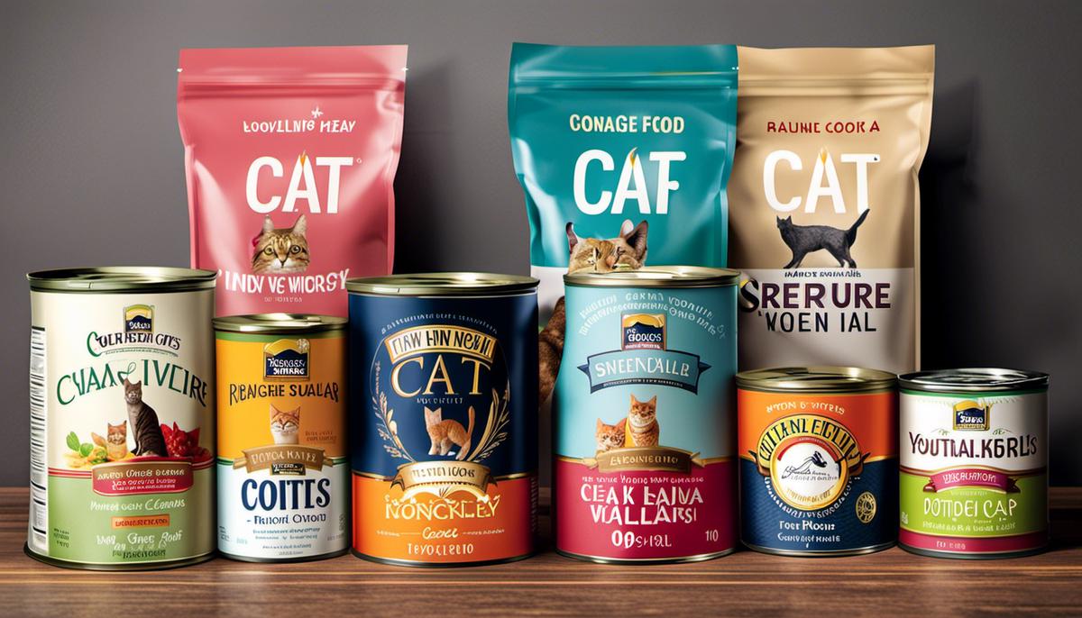 Image of various cat food labels with a cat beside them