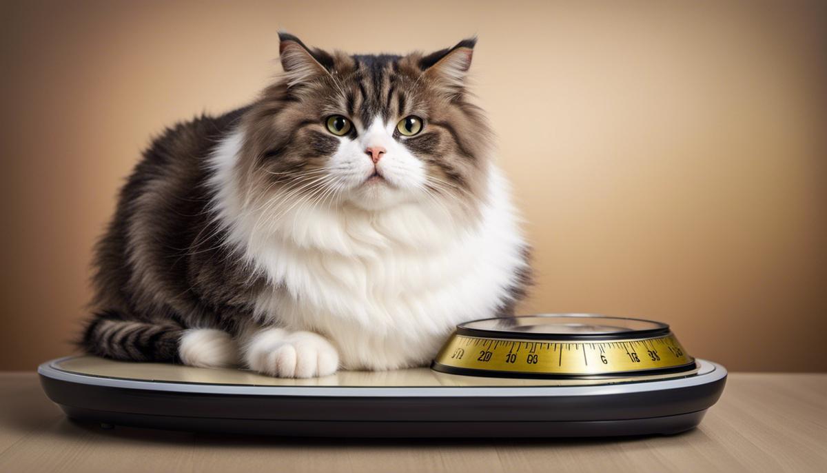 Image of an overweight cat sitting on a scale, representing the topic of cat obesity and improper nutrition.