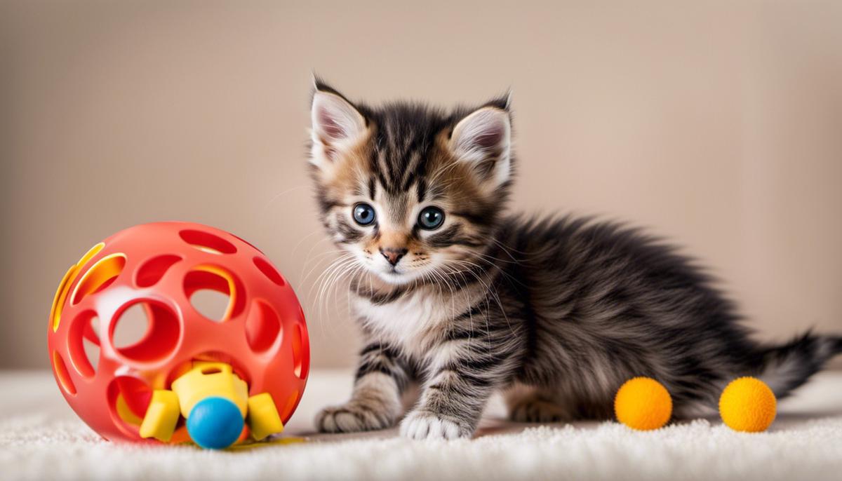 An image of a healthy kitten playing with a toy.