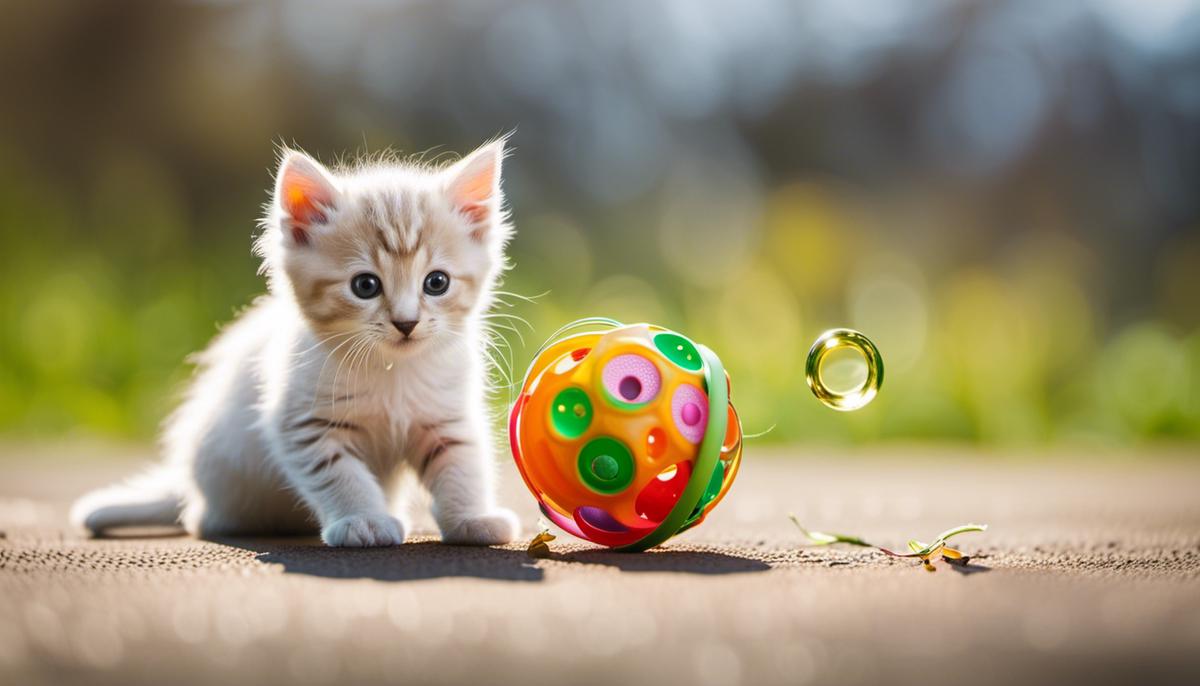 An image of a kitten playing with a toy, illustrating the importance of playtime for their development.